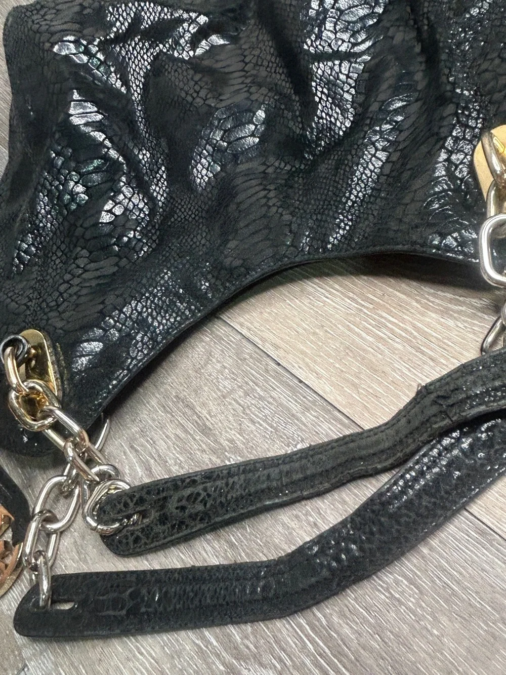 Michael Kors Black Python Embossed Leather Hobo Shoulder Bag Gold Chain
